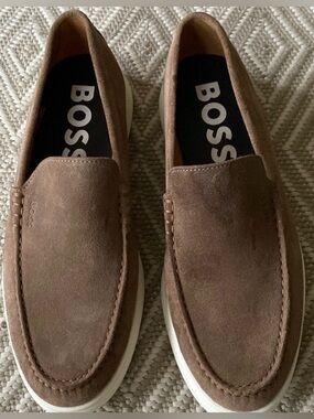 Boss brown Suede slip on casual Moccasins shoes, Size 10